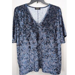 Meritt Crushed Velvet Top Women One Size Blue Floral‎ V-Neck Oversized